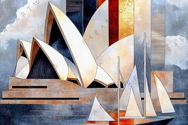 "Geometric digital artwork of a cityscape in gold, blue, and white tones."