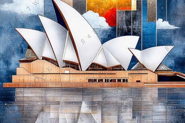 "Abstract digital art of Sydney Opera House with geometric elements in blue and gold."