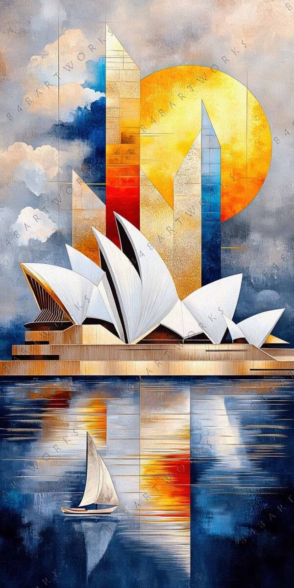 "Digital artwork of Sydney Opera House with geometric elements, vibrant blues, oranges, and yellows."