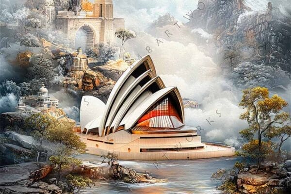 "Fantasy digital painting of iconic architecture, trees, and river with a small red boat."