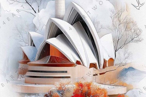 "Digital artwork of a futuristic building with waves and autumn trees in vibrant colors."