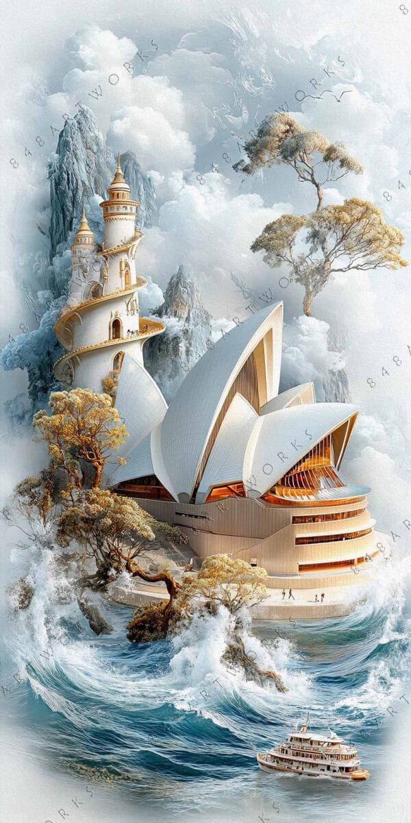 Fantasy digital art of surreal landscape with castles, water, and Sydney Opera House elements.