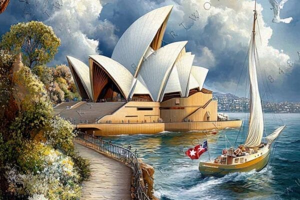 "Surreal painting of Sydney Opera House with a sailboat and dramatic cloudy sky."