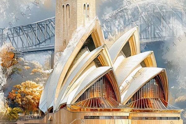 "Digital painting of iconic opera house, bridge, and flowers, with serene water and sky."