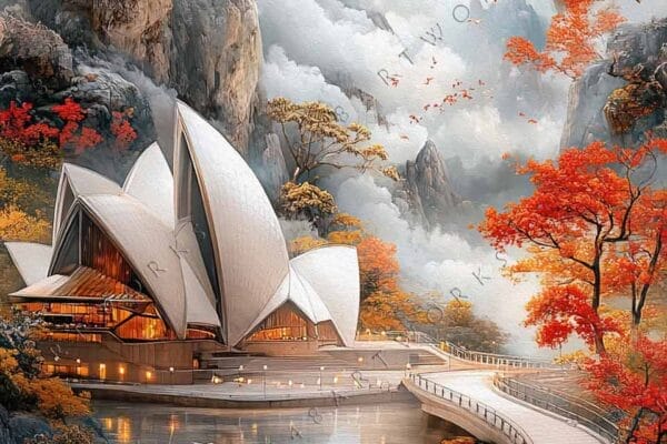 Fantasy digital painting of autumn landscape with bridge, trees, and architectural structure.