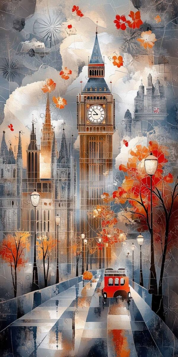 "Digital art of Big Ben with autumn trees and a red bus, in warm hues."