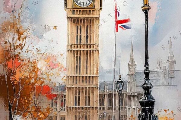 "Impressionist digital painting of Big Ben, autumn trees, and figures on a wet street."