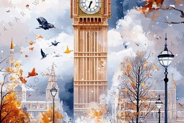 "Digital painting of Big Ben in autumn, with birds and orange foliage."