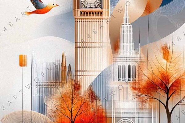 "Abstract digital artwork of Big Ben with vivid autumn trees and flying birds."