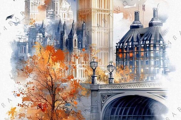 Watercolor painting of iconic tower and autumn trees, featuring blue and orange hues.