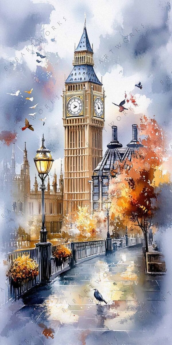 "Watercolor painting of Big Ben with autumn trees and birds in muted tones."