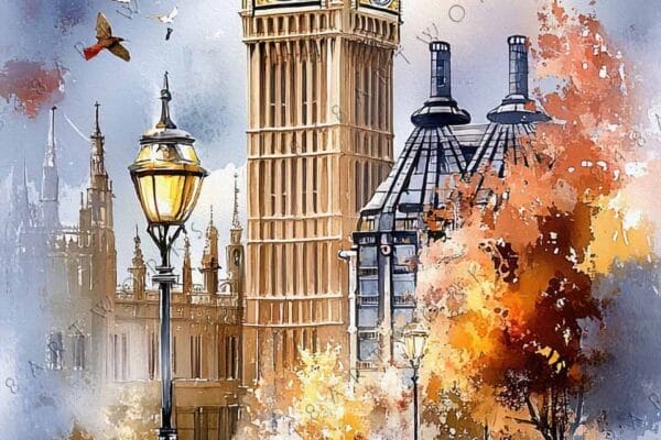 "Watercolor painting of Big Ben with autumn trees and birds in muted tones."