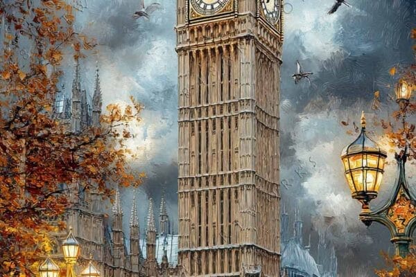 "Oil painting of Big Ben on a rainy day with vintage red car and birds."