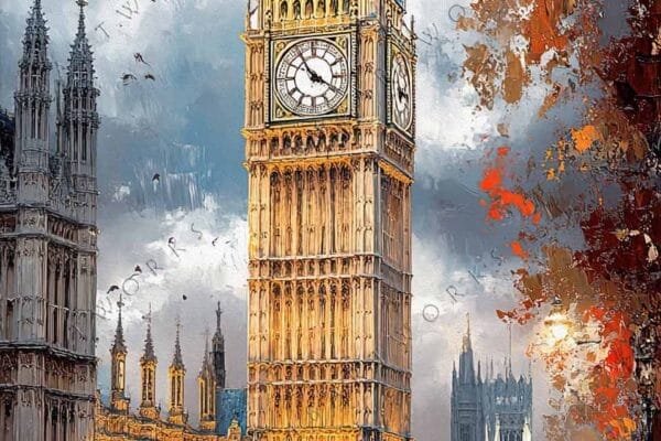 Impressionist painting of Big Ben, red buses, and autumn trees under a cloudy sky.