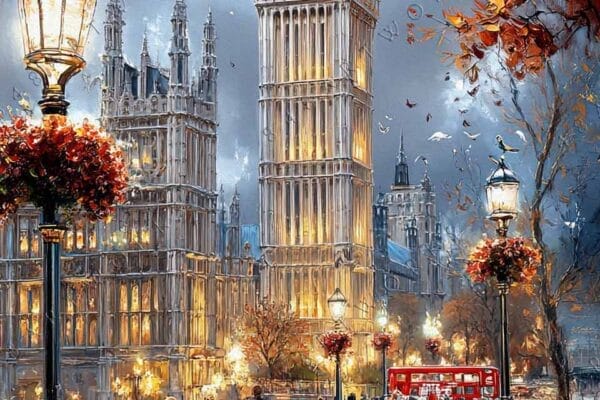 "Digital painting of Big Ben with autumn leaves, gray sky, and glowing city lights."