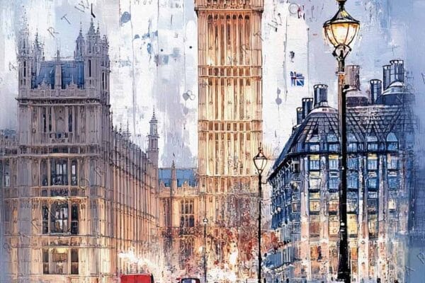 "Impressionistic painting of Big Ben and London street scene with red taxis."