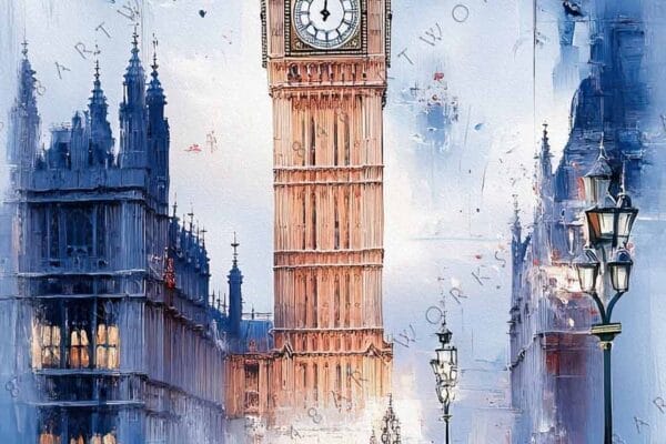 Impressionistic digital painting of Big Ben with people in red walking below.