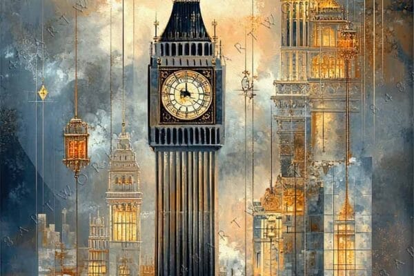 "Surreal digital art of Big Ben with abstract cityscape in blue and gold hues."