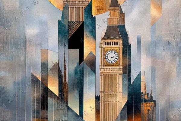 "Geometric digital painting of Big Ben with abstract gold and blue elements."