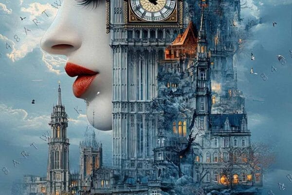 "Surreal digital art of face merging with clock tower and cityscape in blue tones."