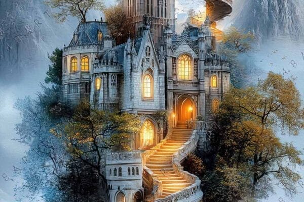 Fantasy digital painting of Gothic castle with spiral staircase, mountains, and glowing windows.