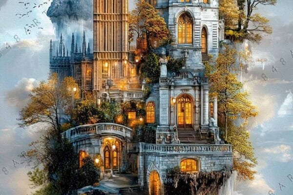 Surreal digital painting of floating gothic castle above water with snowy mountains.
