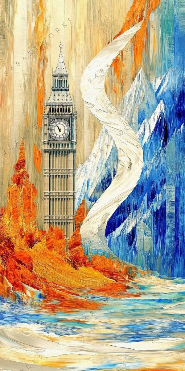 Abstract digital painting of Big Ben amidst vivid orange and blue mountains.