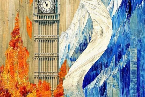Abstract digital painting of Big Ben amidst vivid orange and blue mountains.
