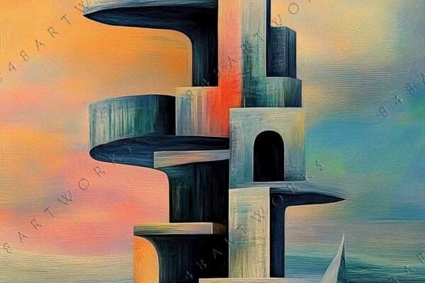 Surreal digital painting of Big Ben atop abstract geometric structures with colorful sky.