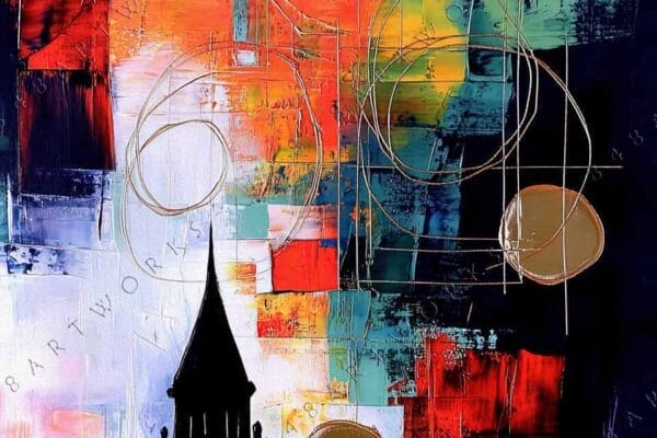 "Abstract painting featuring colorful geometric shapes and clock tower silhouette in vibrant tones."