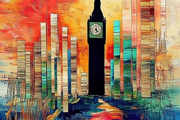 "Colorful abstract painting of Big Ben with surreal skyline and vibrant sunset hues."