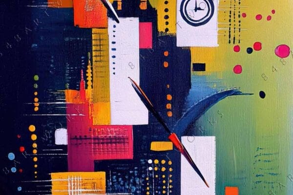 "Abstract cityscape painting with vivid colors and geometric shapes on a textured background."