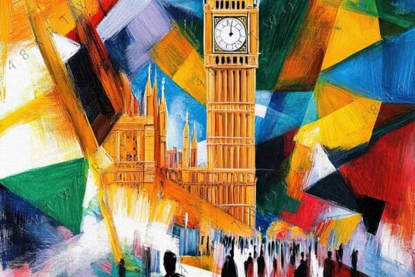 "Abstract digital painting of Big Ben with vibrant geometric shapes in red and yellow."