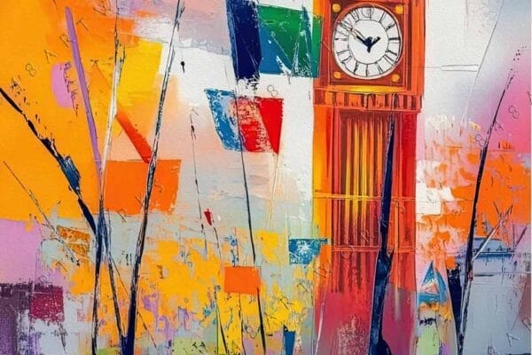 Abstract painting of Big Ben with vibrant orange, blue, and yellow brushstrokes.