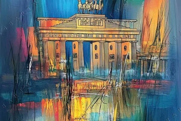 Abstract digital painting of the Brandenburg Gate with vibrant blues, yellows, and pinks.