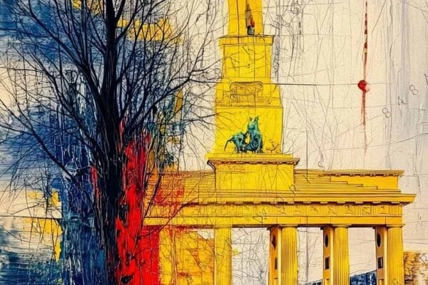 Abstract digital art of Berlin landmarks with bold yellow, red, and blue strokes.