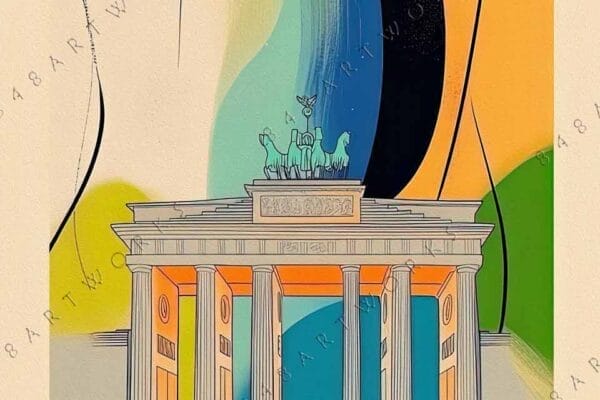 "Abstract digital artwork of Brandenburg Gate with flowing shapes in yellow, blue, and green."