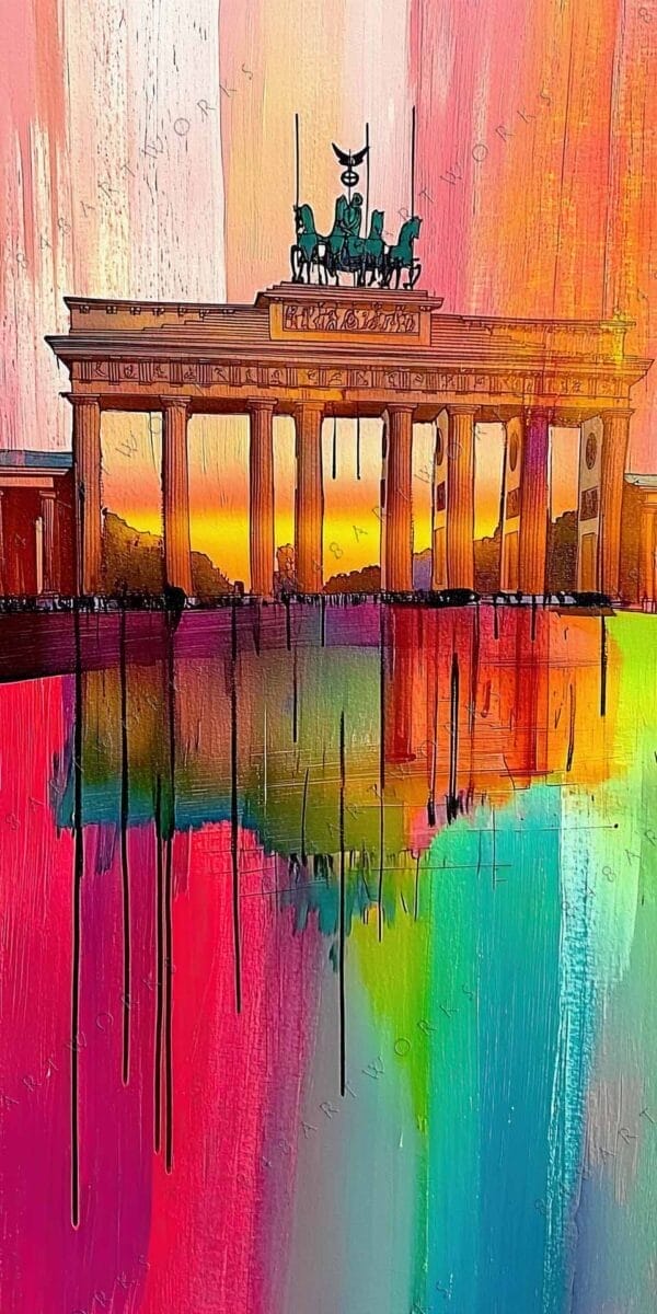 "Colorful digital painting of Brandenburg Gate with vibrant rainbow hues and dripping textures."