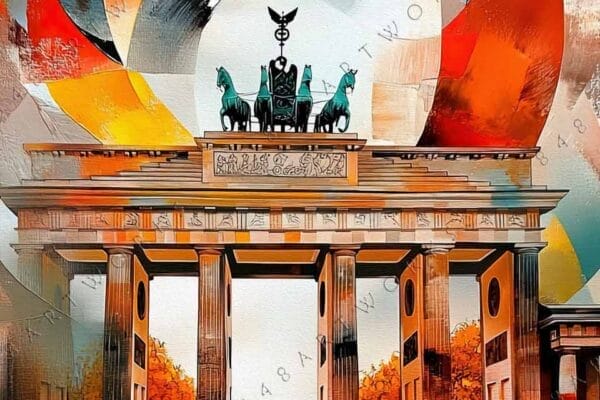 "Abstract digital painting of Berlin's Brandenburg Gate in vibrant red, orange, and blue hues."
