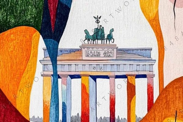 "Abstract painting of Brandenburg Gate surrounded by bold colorful shapes and lines."