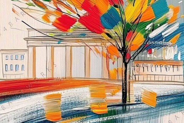 "Vibrant abstract painting of a tree with multicolored leaves on a textured background."