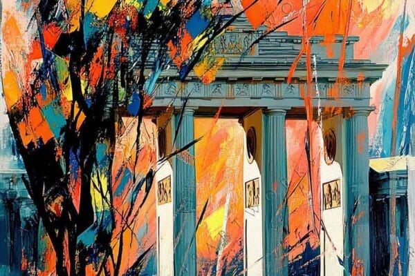 Abstract painting of city architecture with vibrant orange, yellow, and teal brushstrokes.