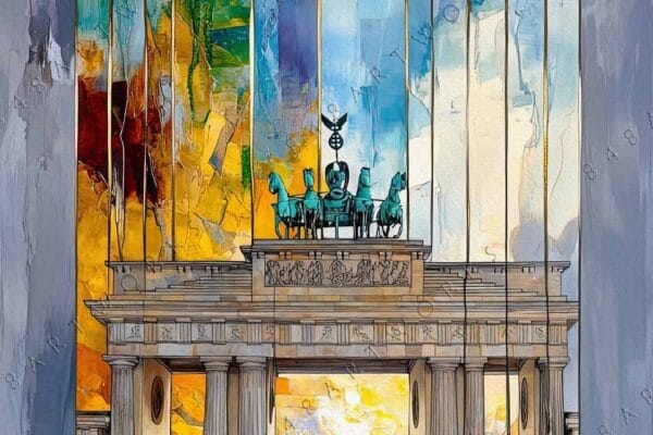 "Colorful abstract digital painting of the Brandenburg Gate with vibrant blue and yellow hues."