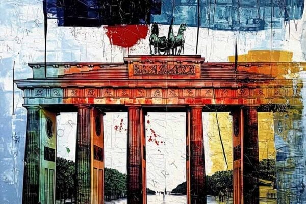 "Abstract painting of Brandenburg Gate with vibrant geometric shapes and mixed colors."