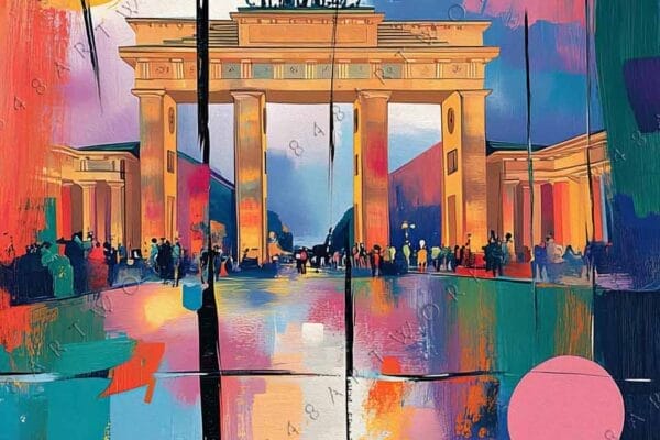 "Abstract digital painting of Brandenburg Gate surrounded by vibrant multicolored geometric shapes."