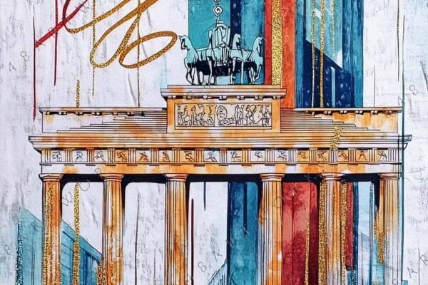 Abstract painting of Brandenburg Gate with gold, blue, and red geometric accents.