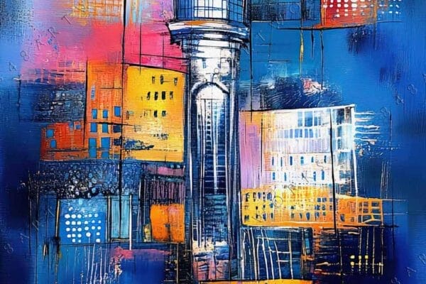 Colorful abstract painting of a tower with vibrant blue, yellow, and orange tones.