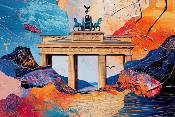 Abstract digital artwork featuring Brandenburg Gate amidst vibrant blue and orange swirling patterns.