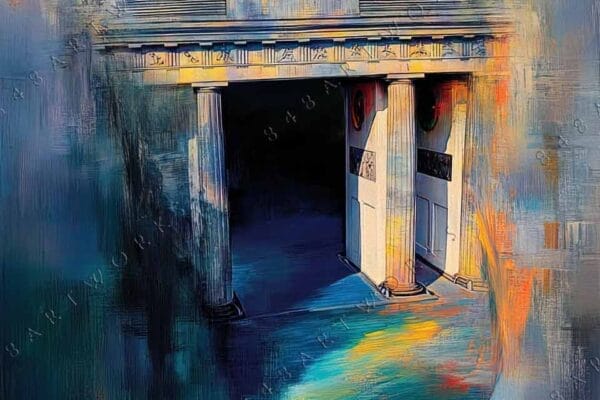 "Digital painting of a city gate with vibrant orange and blue abstract background."