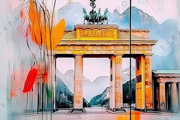 "Abstract digital art of Brandenburg Gate with teal, orange, and pastel brush strokes."